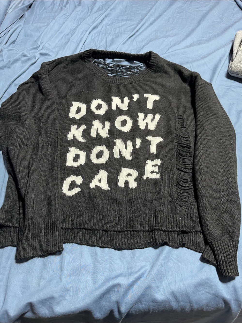 Hot Topic Black Crewneck distressed Sweater with Cream Slogan